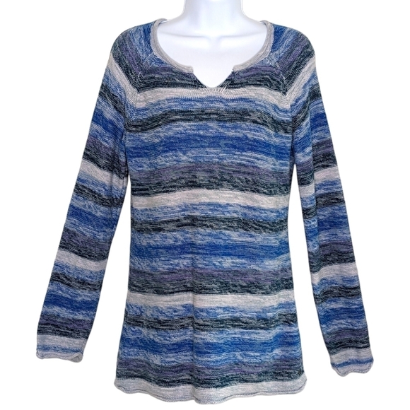Eddie Bauer Pullover V-Neck Striped 100% Cotton Blue Gray Cozy Sweater Size XS - Picture 12 of 12